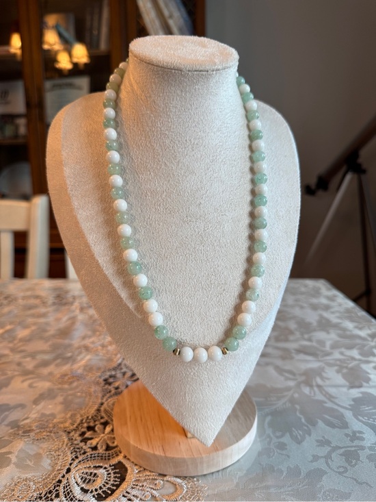 Jewelry - Vintage Mint Green and White Stone Beaded Necklace with Subtle Gold Accents